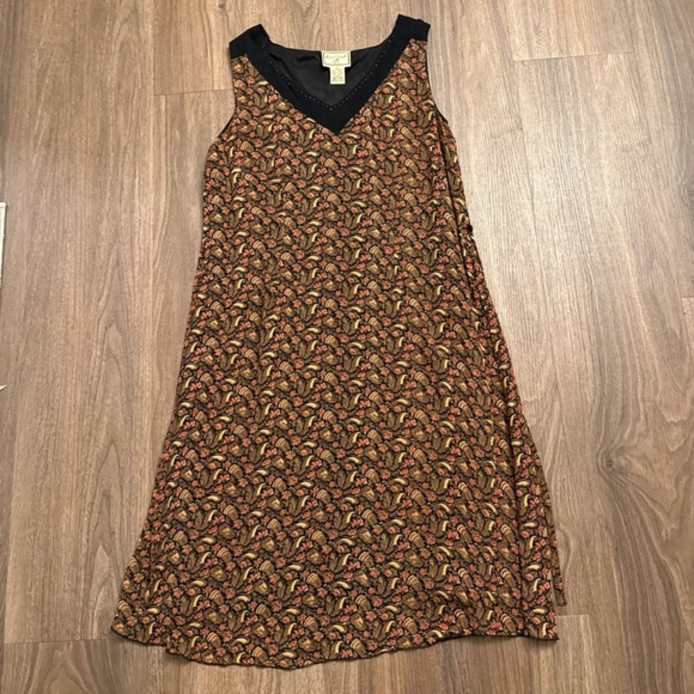 Vintage Y2K, April Cornell Print V-Neck Dress in Black Trim tie back medium